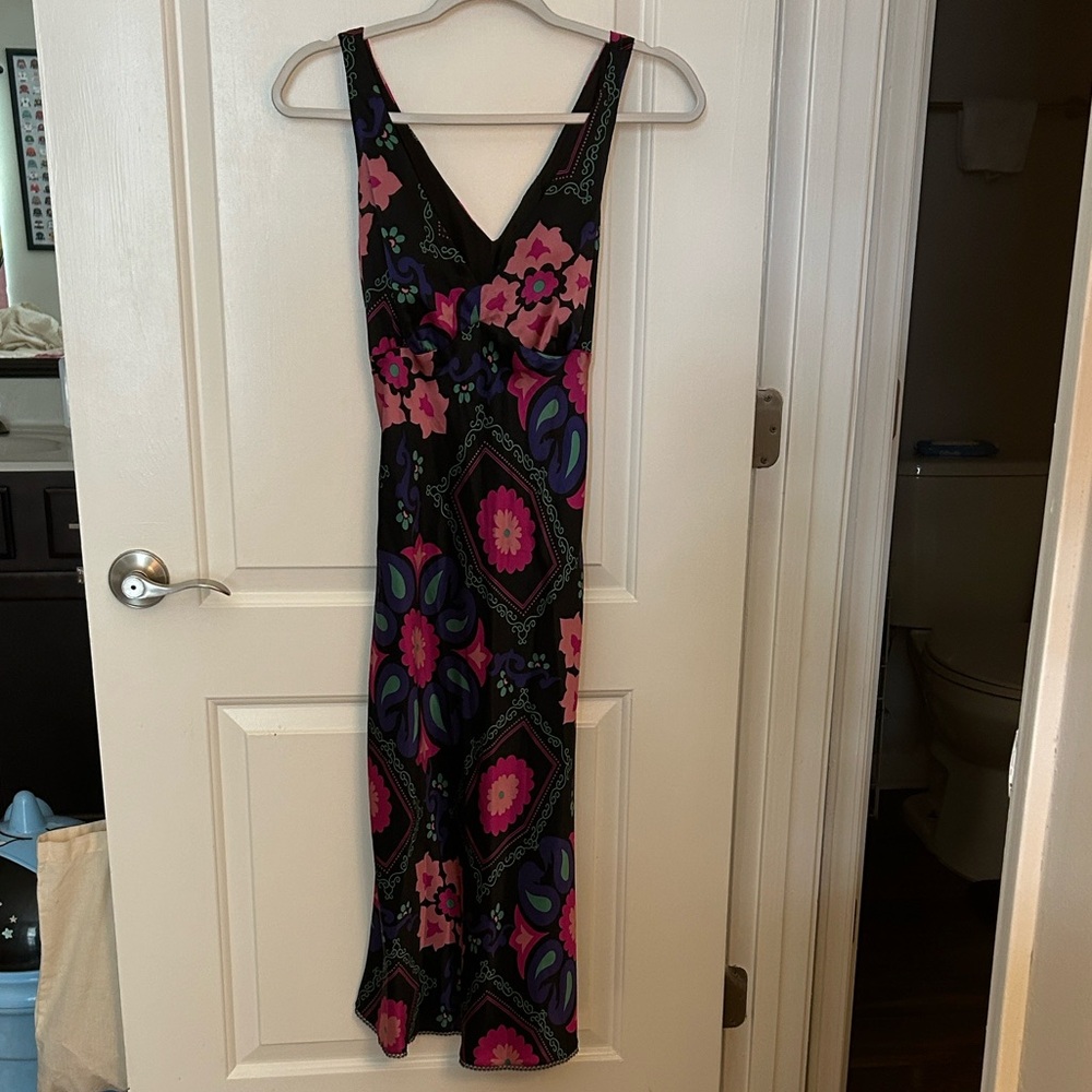 Rare 2000s Betsey Johnson Black Floral Silk Slip Sleeveless Long Vintage Dress